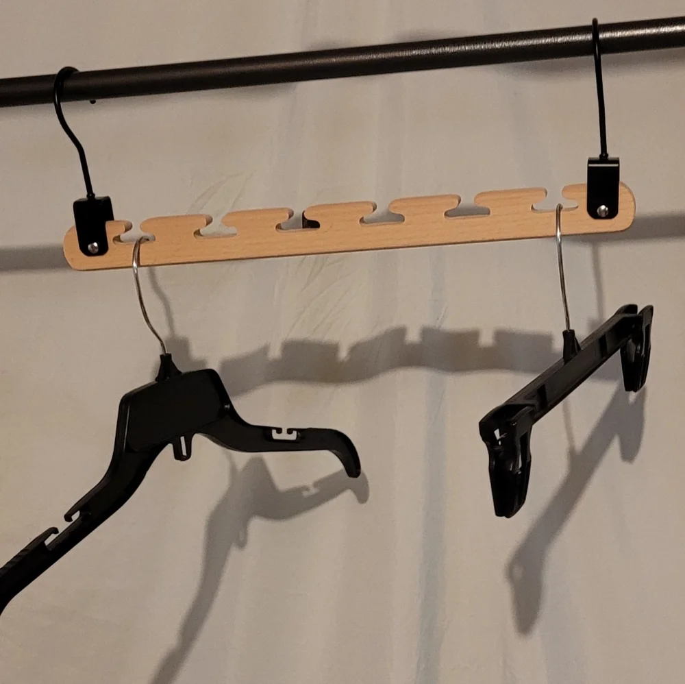 Natural Wood Space Saver Rack Hanger with Black Hooks, For Hangers Or Ties